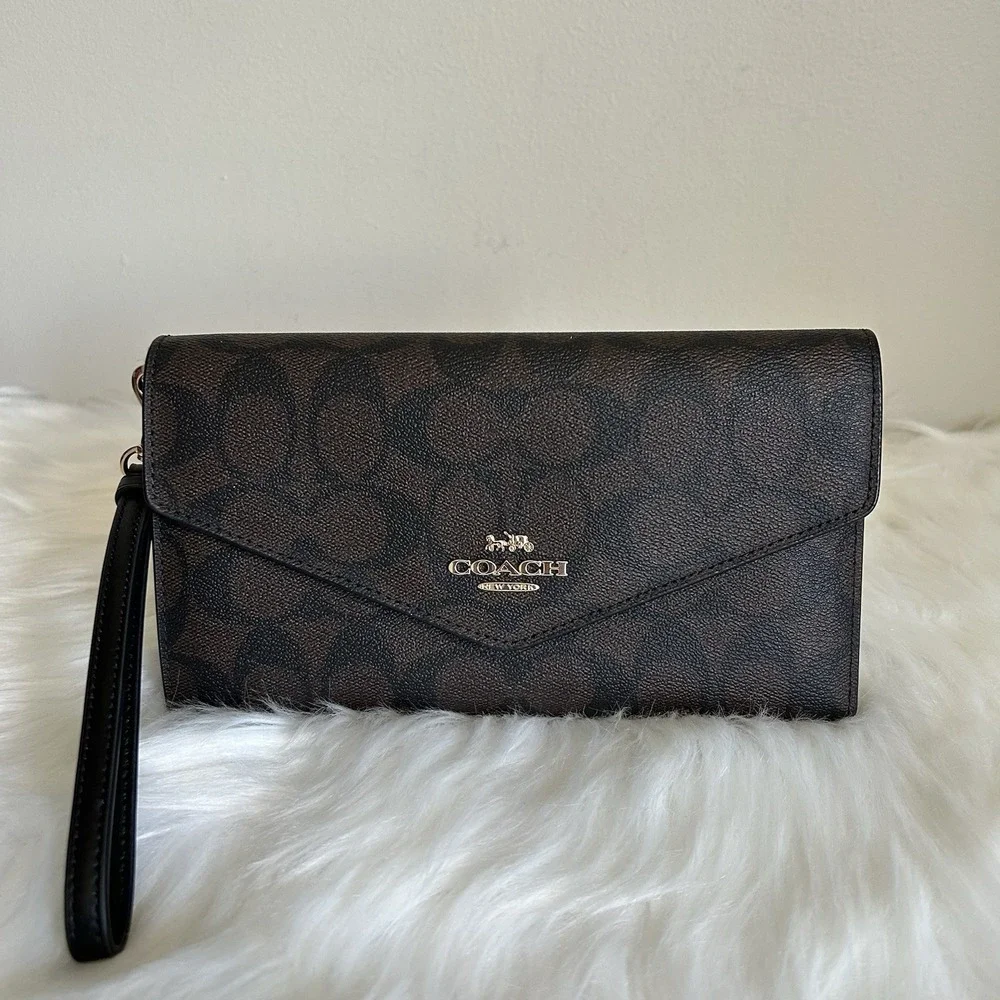 Coach C1962 Travel Envelope Wallet Brown Black‎ Signature Canvas NWT